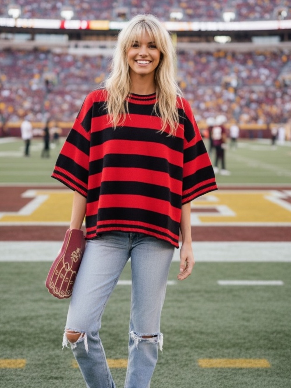 079. Red/black striped short sleeve boxy sweater